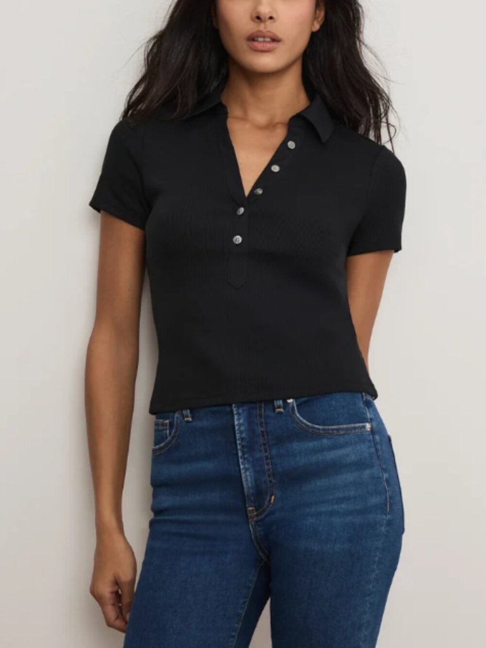 Veronica Beard Kearney Polo T-Shirt Black Stretch-Cotton Short-Sleeve Top Medium